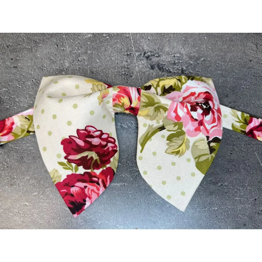 Handmade Oversized Cream/Red FloraL‎ Bow tie Vintage style Wedding Prom